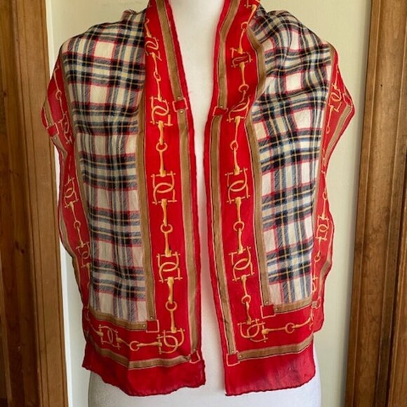 SACHA Vintage Equestrian Stirrup Tartan Plaid Skinny Oblong Scarf - Picture 6 of 13